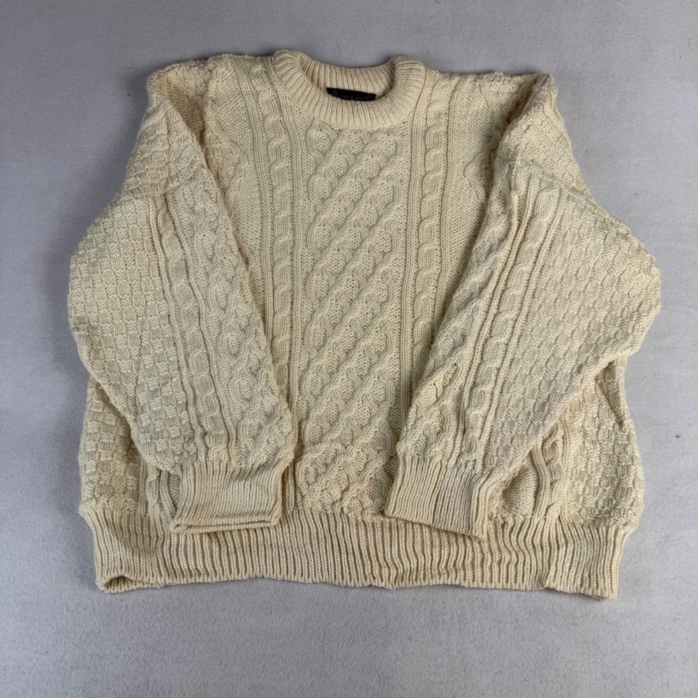 Callan Ireland Men's Cream 100% Pure Merino Wool Aran Cable Knit Sweater XL